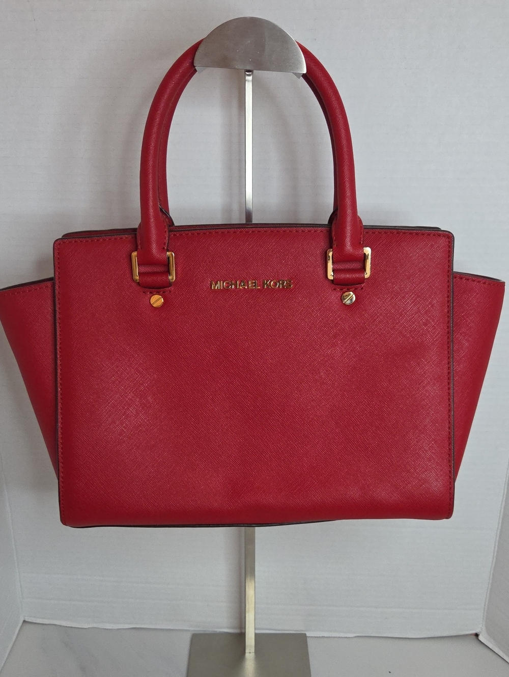 Michael Kors Red Saffiano Leather Satchel with Gold Hardware
